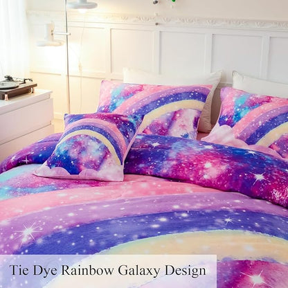 6 Pcs Tie Dye Pink Twin Comforter Set for Girls, 3D Rainbow Galaxy Gradient Themed Bed in A Bag, Pastle Nebula Kids Bedding Set with Sheets, Comforter and Pillowcases for All Season - LeafyLoom