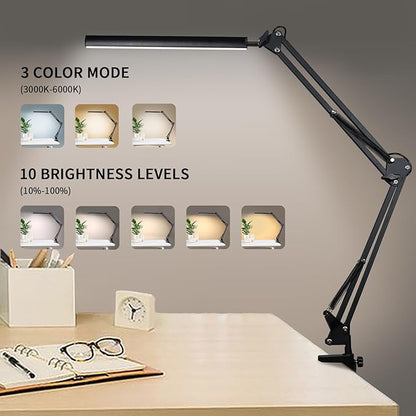 Adjustable Swing Arm Desk Lamp with Clamp, LED Desk Lamp,Dimmable Desk Light, 3 Colors 10 Brightness Adjustable Flexible Gooseneck, Architect Task Lamp for Home Office - LeafyLoom