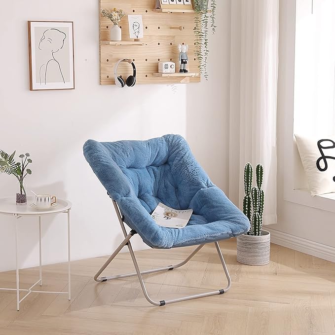 Tiita Comfy Saucer Chair, Soft Faux Fur Oversized Folding Accent Chair, Lounge Lazy Chair for Kids Teens Adults, Metal Frame Moon Chair for Bedroom, Living Room, Dorm Rooms, X-Large, Blue - LeafyLoom