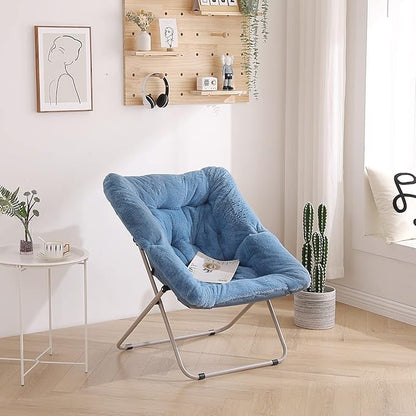 Tiita Comfy Saucer Chair, Soft Faux Fur Oversized Folding Accent Chair, Lounge Lazy Chair for Kids Teens Adults, Metal Frame Moon Chair for Bedroom, Living Room, Dorm Rooms, X-Large, Blue - LeafyLoom