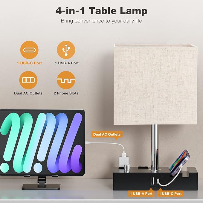 Bedside Lamps for Bedroom Set of 2, Kakanuo Fully Dimmable Small Beige Nightstand Lamps with USB C Ports and 2 Charging Outlets, Wooden Table Lamp with Phone Stands for Living Room, LED Bulbs Included - LeafyLoom