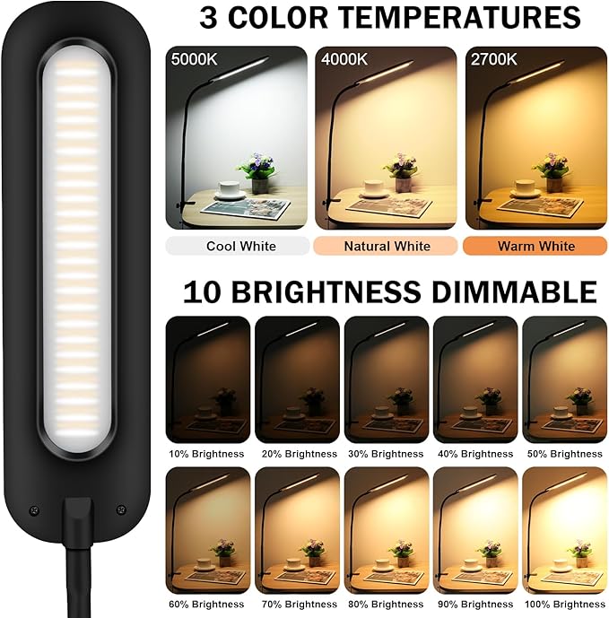 LED Desk lamps with Clamp for Home Office,High Brightness,3 Color Temperatures and Dimmable Clip On Desk Light,Flexible Gooseneck Desk Lamp with USB Adapter,Black - LeafyLoom