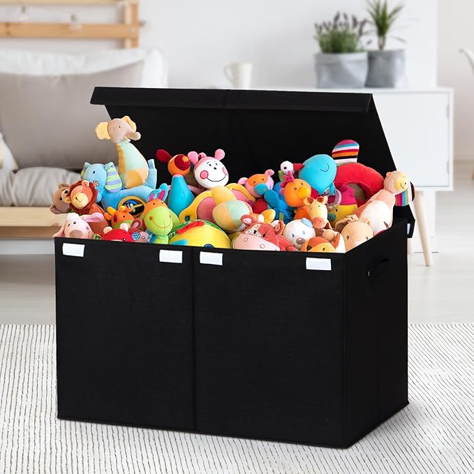 122L Large Toy Box Chest with Lid, Foldable Toy Storage Organizer Bin Boxes with Removable Divider for Kids, Boys, Girls, Nursery, Playroom, 26"x17" x17"(Linen Black) - LeafyLoom