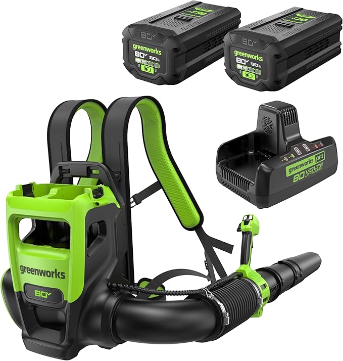 Greenworks 80V (800 CFM) Dual Port Backpack Blower with (2) 5.0 Ah Batteries, Dual Port Rapid Charger - LeafyLoom