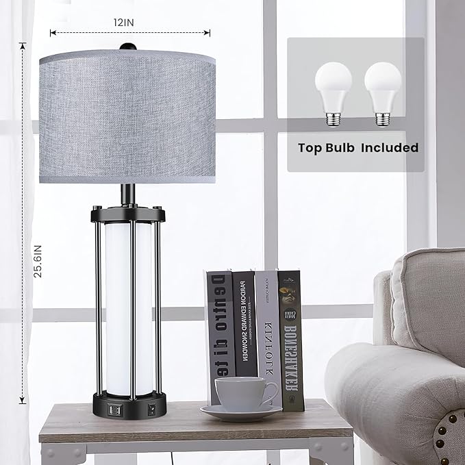 Table Lamps for Living Room Set of 2,26" Tall Bedside Farmhouse Table Lamps with LED Lantern Nightlight,Bedroom Nightstand Lamps with Dual USB Port Grey Fabric Shade (Bulbs Included) - LeafyLoom