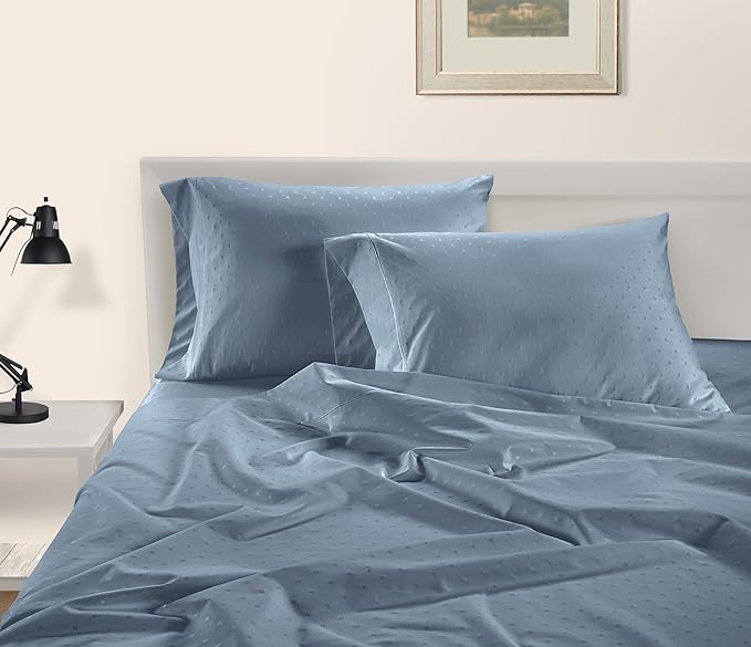 LANE LINEN Luxury 100% Egyptian Cotton Bed Sheets - 1000 Thread Count 4PC Full Sheets Set, Long Staple Cotton Bedding Sheets, Sateen Weave, Hotel Sheets, Fits Upto 16" Mattress, Swiss Dot- French Blue - LeafyLoom