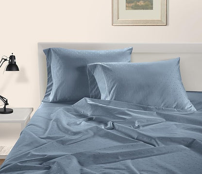 LANE LINEN Luxury 100% Egyptian Cotton Bed Sheets - 1000 Thread Count 4PC Full Sheets Set, Long Staple Cotton Bedding Sheets, Sateen Weave, Hotel Sheets, Fits Upto 16" Mattress, Swiss Dot- French Blue - LeafyLoom