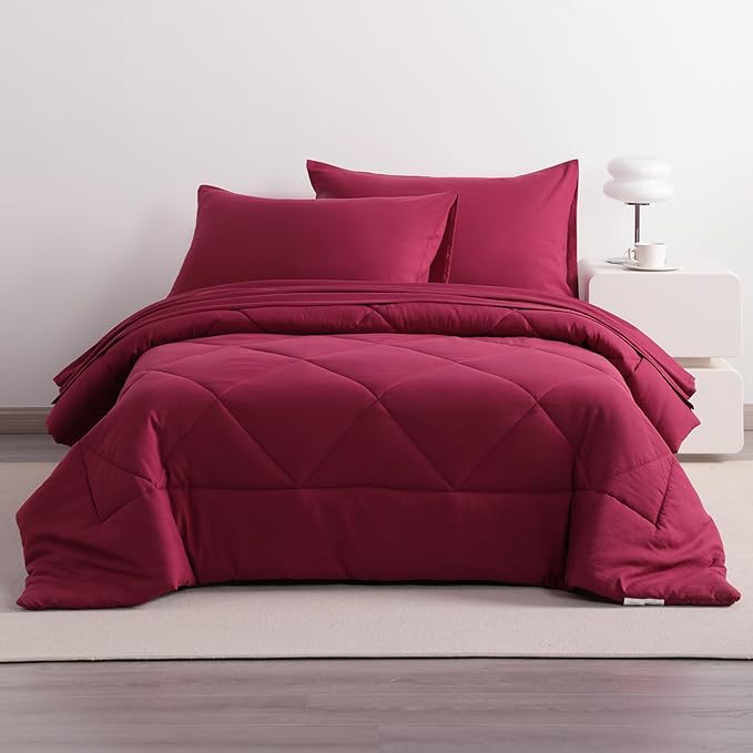 NTBAY Twin Comforter Set with Sheets, 5 Pieces Soft and Breathable Twin Bedding Set, Twin Bed in a Bag, Down Alternative Comforter Set Solid Color All Season, Kids Bedding Set, Wine Red - LeafyLoom