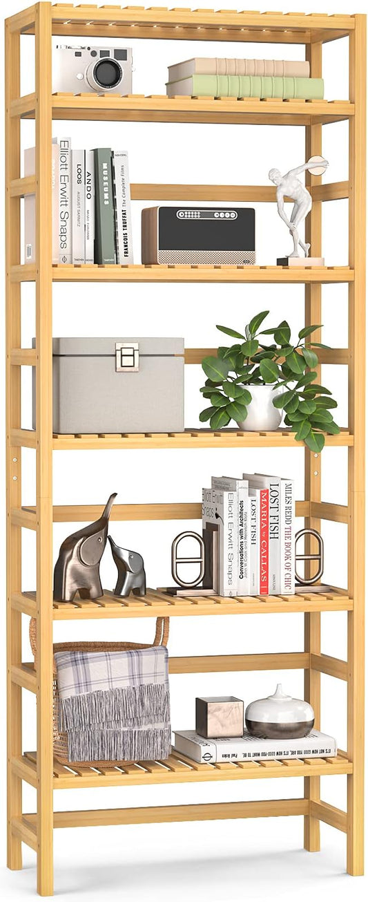 Homykic Bookshelf, 6-Tier Bamboo Adjustable 63.4” Tall Bookcase Book Shelf Organizer, Free Standing Storage Shelving Unit for Living Room, Kitchen, Bedroom, Bathroom, Office, Rust Resistance, Natural - LeafyLoom