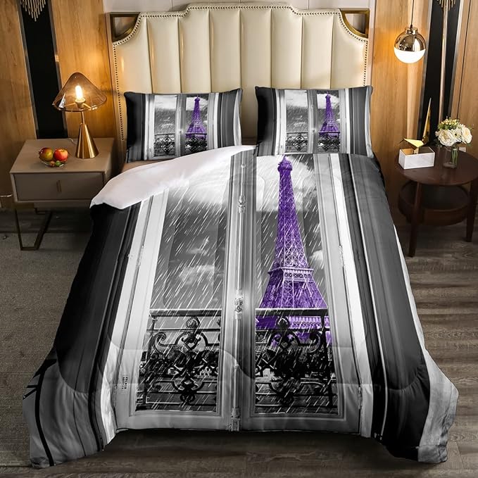 Erosebridal Purple Eiffel Tower Comforter Set Full,vintage France Paris Bedding Set for Girls Teens Women Retro City Building Down Comforter Romantic Rainy Day Quilt Set 2 Pillow Cases Bedroom Decor - LeafyLoom