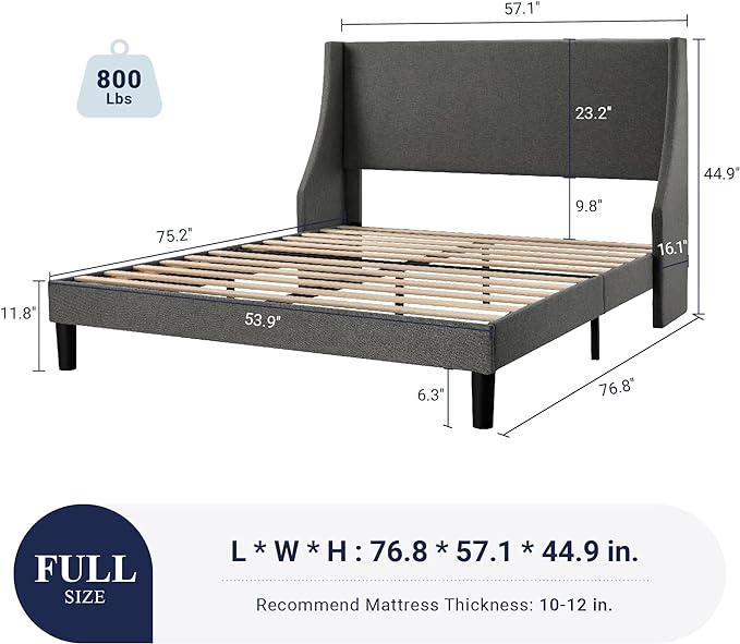 Allewie Full Size Bed Frame, Platform Bed Frame with Upholstered Headboard, Modern Deluxe Wingback, Wood Slat Support, Mattress Foundation, Light Grey - LeafyLoom