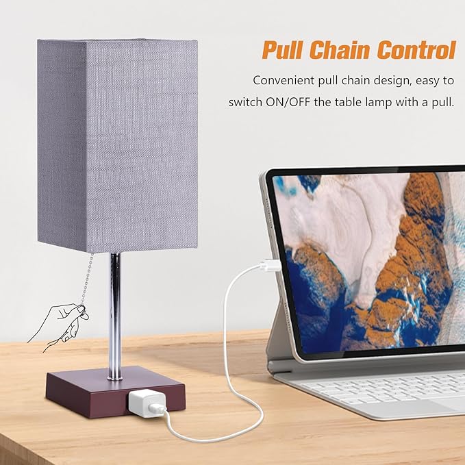 Bedside Table Lamp for Bedroom Nightstand, 3 Color Pull Chain Nightstand Lamps Set of 2 with AC Outlets, Square Gray Lampshade Bedside Lamp for Living Room, Office Desk, LED Bulb Included - LeafyLoom