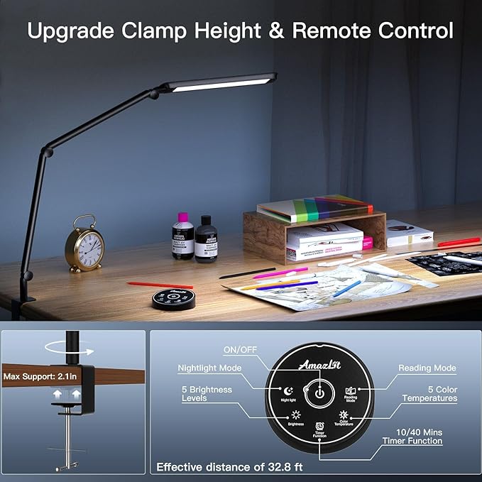 LED Desk Lamp with Clamp, 12W Eye-Caring Swing Arm Table Lamp, Stepless Dimming and Adjustable Color Temperature,Modern Architect Lamp with Memory and Timing Function for Study, Work, Home, Office - LeafyLoom