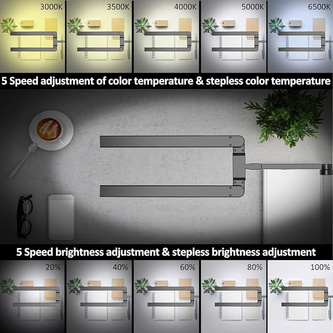 Transformable LED Desk Lamp, 37.4" Architect Desk Light with Clamp, 3 Light Bars for Home Office, 24W Ultra Bright Auto Dimming 5 CCT Modes & 5 Brightness Levels Table Light for L Shaped Desk - LeafyLoom