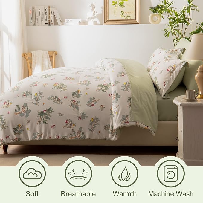 EMME Queen Comforter Set - Sage Green Floral Bedding Set 7 PCS with Flowers Leaves Pattern, Soft Plant Printed Botanical Bed Set with Sheets, Fluffy Bed Bag for All Season(90"X90") - LeafyLoom