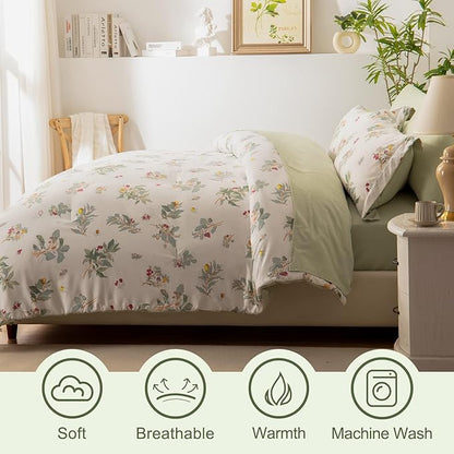 EMME Queen Comforter Set - Sage Green Floral Bedding Set 7 PCS with Flowers Leaves Pattern, Soft Plant Printed Botanical Bed Set with Sheets, Fluffy Bed Bag for All Season(90"X90") - LeafyLoom