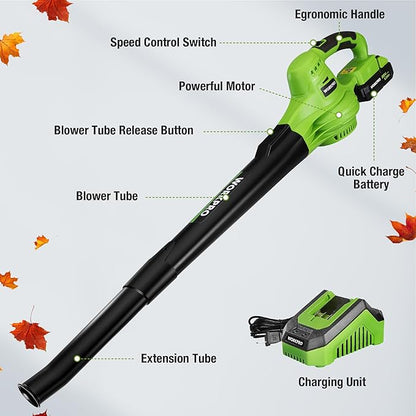 WORKPRO Cordless Leaf Blower, 20V Battery Powered Leaf Blower for Lawn Care, 2-Speed Control Lightweight Mini Electric Leaf Blower wih Battery and Charger - LeafyLoom