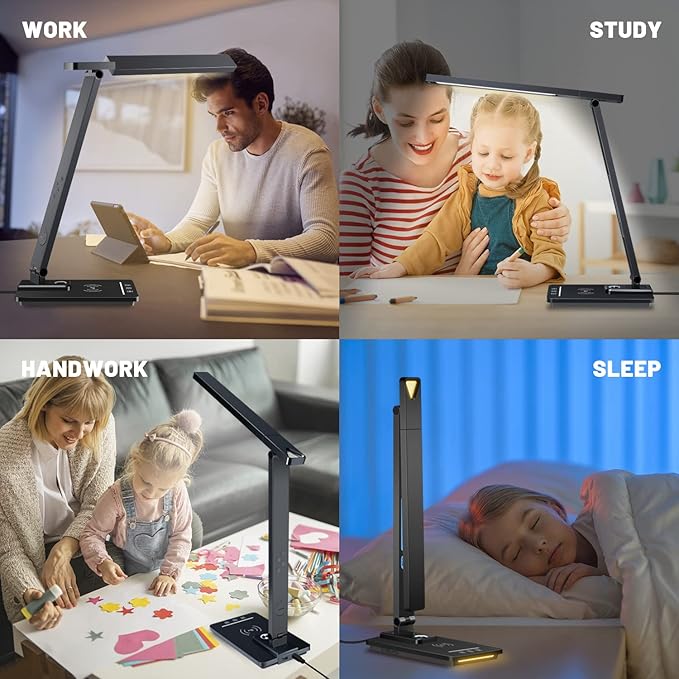 Led Desk Lamp with Wireless Charger, Desk Lamps for Home Office with Clock, Alarm, Date, Temperature | Desk Light with Night Light, 45 Min Auto Timer | Touch Control Smart Lamp for College, Dorm - LeafyLoom