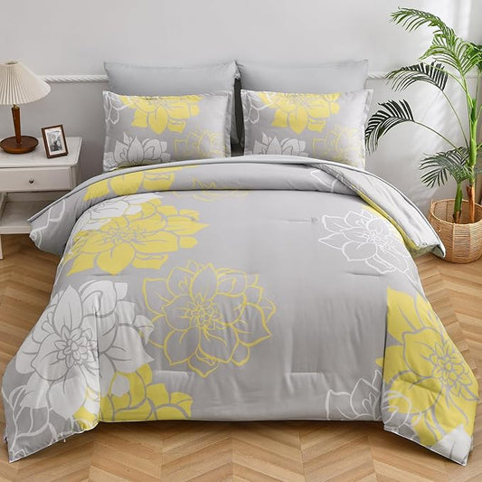 Yellow Comforter Set King 7 Piece Bed in a Bag Yellow Floral Comforter with Sheet Set Soft Micorfiber Reversible Bedding Set (1 Comforter,2 Pillow Shams,1 Flat Sheet,1 Fitted Sheet,2 Pillowcases) - LeafyLoom