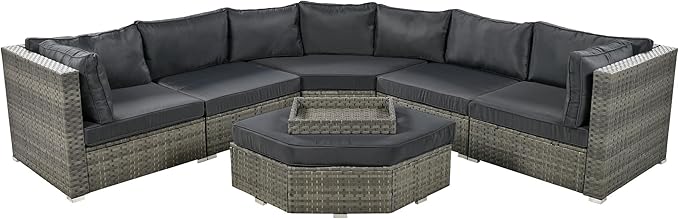 Patio 7-Piece Set, Half-Moon Curved Sectional Sofa Outdoor Rattan Furniture with Ottoman and No-Slip Cushions for Balcony, Porch, Garden, Zc-Grey - LeafyLoom