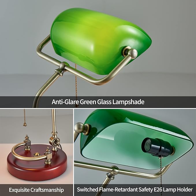 Green Bankers Desk lamp for Home Office Vintage Desk Retro lamp Workplace Lighting Piano Light Bedside lamp Pull Rope Switch，Glass lampshade，UL Certified lamp Holder, Wire - LeafyLoom