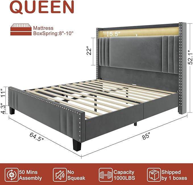 Queen Bed Frame withTall Headboard & LED Light,Velvet Upholstered Wingback Storage Headboard with Charging Station,Tufted Platform Bed Frame,No Box Spring Needed Dark Grey - LeafyLoom