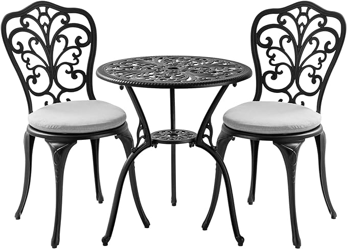 3 Piece Bistro Patio Set Cast Aluminum Bistro Table and Chairs Set of 2 with Cushion,Outdoor Bistro Table Set with Umbrella Hole,Metal Patio Furniture Set for Garden,Black - LeafyLoom