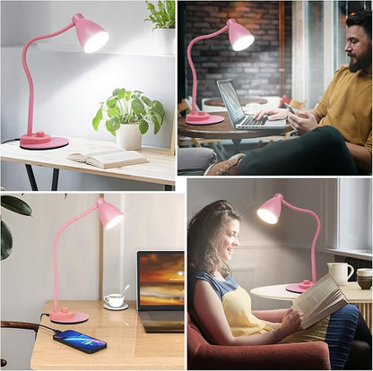 BOHON Cute Desk Lamp with USB Charging Port, Pink Lamp 3 Color Modes Dimmable Reading Lamp, Flexible Gooseneck Table Light Auto Dimming Task Lamp, LED Desk Light for Home Office Dorm Bedside, Pink - LeafyLoom