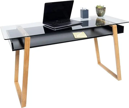 bonVIVO Massimo Small Desk - 55 Inch, Modern Computer Desk for Small Spaces, Living Room, Office and Bedroom - Study Table w/Glass Top and Shelf Space - Black - LeafyLoom