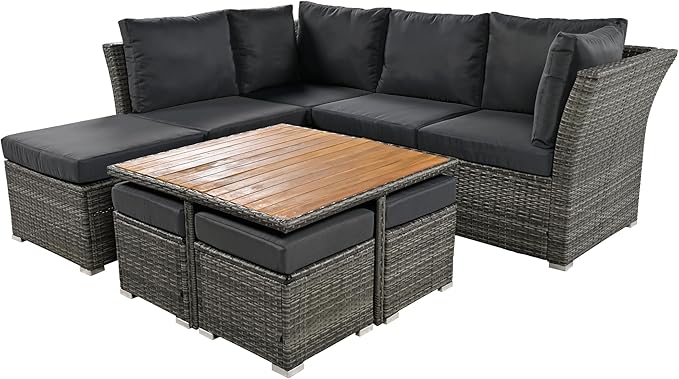 9 Piece Patio Furniture Set with Solid Wood Coffee Table and Ottomans, Rattan Modular Outdoor Sectional Conversation Sofa, for Garden Backyard, Onesize, Gray - LeafyLoom