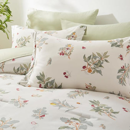 EMME Queen Comforter Set - Sage Green Floral Bedding Set 7 PCS with Flowers Leaves Pattern, Soft Plant Printed Botanical Bed Set with Sheets, Fluffy Bed Bag for All Season(90"X90") - LeafyLoom