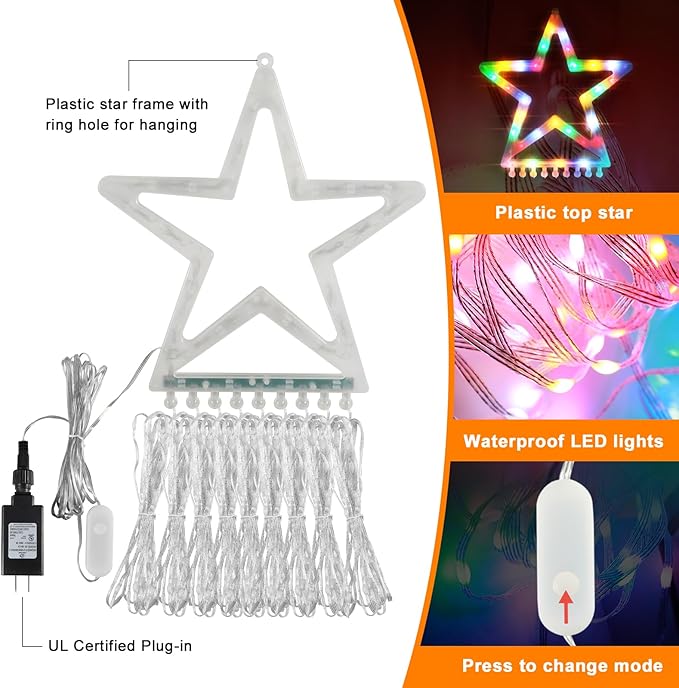 PUHONG Christmas Decoration Star Flowing Multicolor Color Changing Lights Outdoor, 320 LED 16.4Ft Star Waterfall Tree Lights with 8 Lighting Modes Remote Timer, for Xmas New Year Holiday Birthday PUHONG