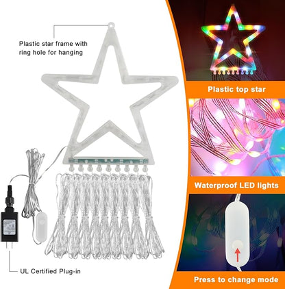 PUHONG Christmas Decoration Star Flowing Multicolor Color Changing Lights Outdoor, 320 LED 16.4Ft Star Waterfall Tree Lights with 8 Lighting Modes Remote Timer, for Xmas New Year Holiday Birthday PUHONG