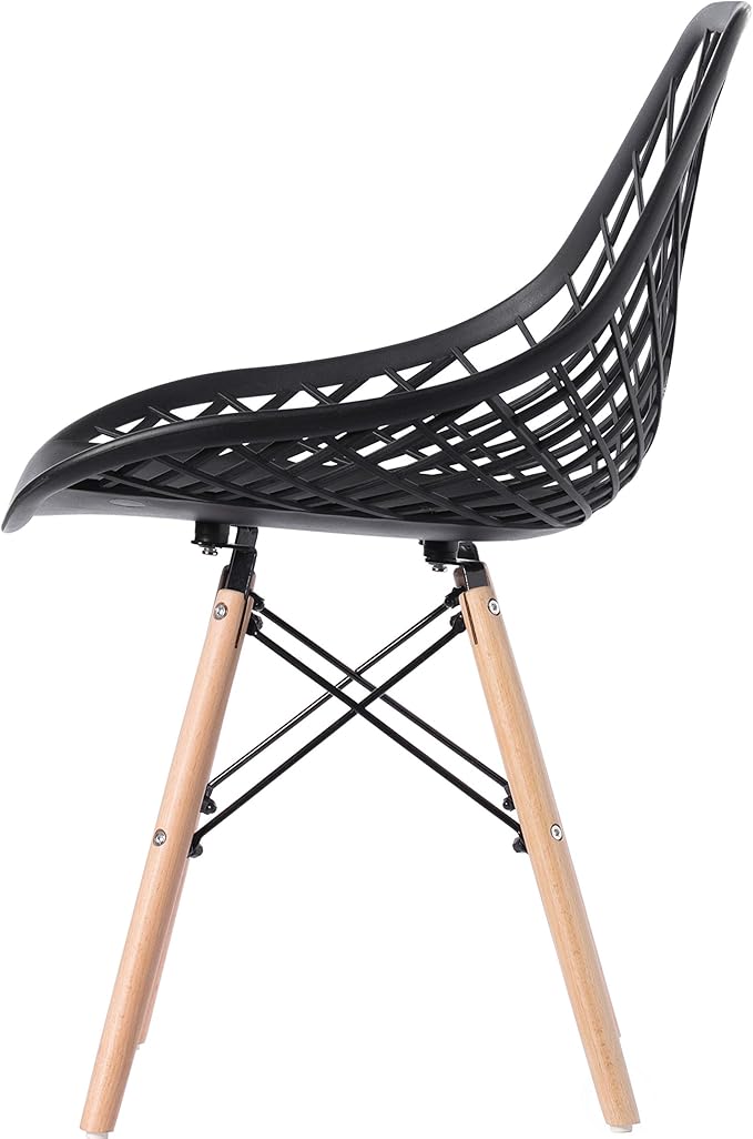 Mid-Century Modern Style Plastic DSW Shell Dining Chair with Lattice Back and Wooden Dowel Eiffel Legs, Black - LeafyLoom