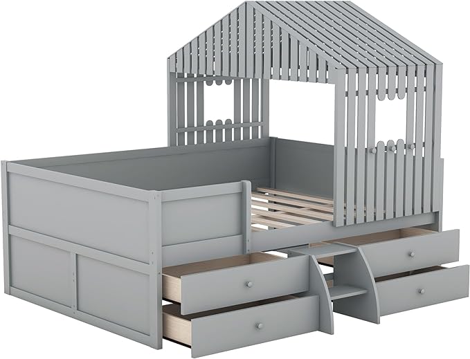 Full Size Low Loft Bed, Wooden House Shaped Loft Bed Frame with 4 Storage Drawers for Kids Teens Boys Girls, Easy Assembly, No Box Spring Needed, Gray - LeafyLoom