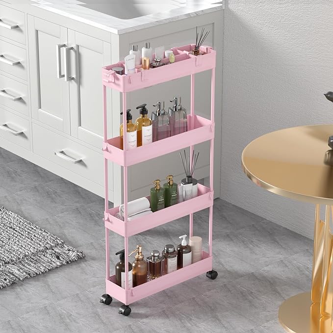 SPACELEAD Slim Storage Cart 4 Tier,Bathroom Storage Organizer Rolling Utility Cart, Mobile Shelving Unit Slide Out Storage Cart for Office, Bathroom, Kitchen, Laundry Room & Narrow Places， Pink - LeafyLoom