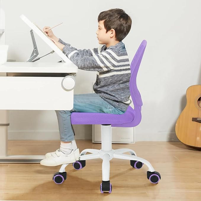 FurnitureR Desk Chair Small Study Chairs Armless for Child Kids Teens, Swivel Rolling Lightweight Mid Back Task Chair with Wheels and Mesh Padded Cushion, Purple - LeafyLoom