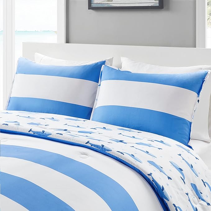 Mizone Kids Blake Reversible Dolphin Comforter Set - Adventure Animal Adorable Print with Stripe Reverse, Fun Bedroom Décor, Modern All Season Kids Bedding, Matching Sham, Full/Queen, Blue 3 Piece - LeafyLoom