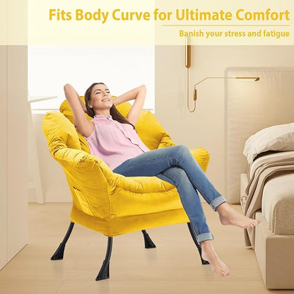 Lazy Chair Thick Padded, Accent Chair Velvet Upholstered with Wide Seat, Stable Metal Frame and Non-Slip Pad, Modern Sofa Armchair with Side Storage Bag for Dorm, Room, Office, Yellow - LeafyLoom