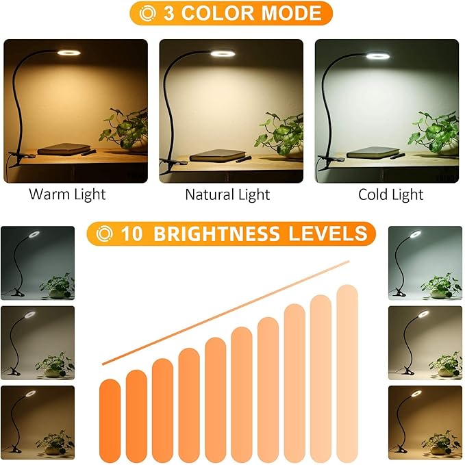 Clip on Light Reading Lights, 48 LED USB Desk Lamp with 3 Color Modes 10 Brightness, Eye Protection Book Clamp Light, 360 ° Flexible Gooseneck Clamp Lamp for Desk Headboard Video Conferencing - LeafyLoom