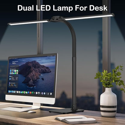 Desk Lamp with USB Charging Port for Home Office 24w Architect Remote Base Dual Task Led Light Modern 5 Color Modes Dimmable Adjustable Gooseneck Double Head Reading Drafting Eye Caring Tall Lamps - LeafyLoom