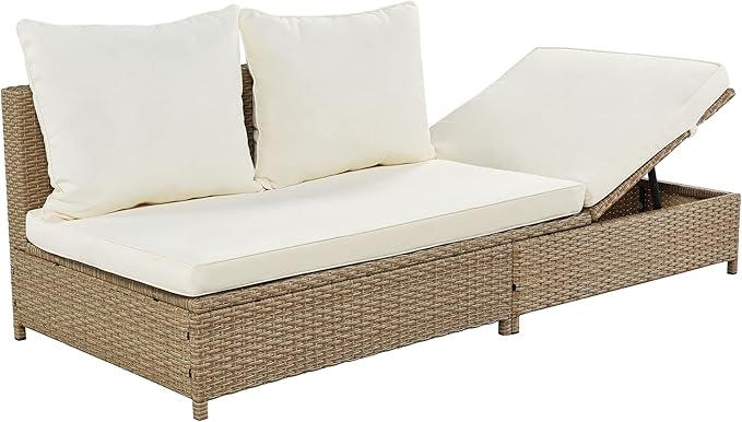 Merax Patio Furniture Sets Outdoor, All Weather PE Rattan Sofa with Adjustable Chaise Lounge, Seat Cushions and Tempered Glass Table, Beige - LeafyLoom