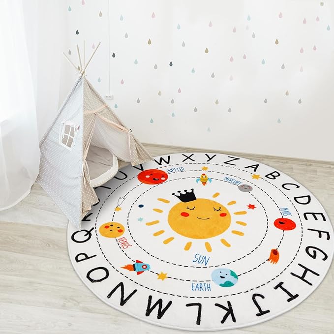 ABC Kids Rug,5.2 ft Washable Nursery Rug,Soft Plush Educational Circle Rug,Non-Slip Solar System Alphabet Rug for Classroom playroom Bedroom Kids Room Decor - LeafyLoom