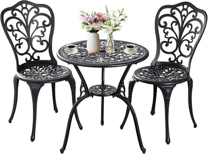 Patio Bistro Set 3 Piece Outdoor,Cast Aluminum Outdoor Bistro Table and Chair Set of 2 with 1.97" Umbrella Hole,All Weather Metal Bistro Table Set for Front Porch Set(Butterfly Black) - LeafyLoom