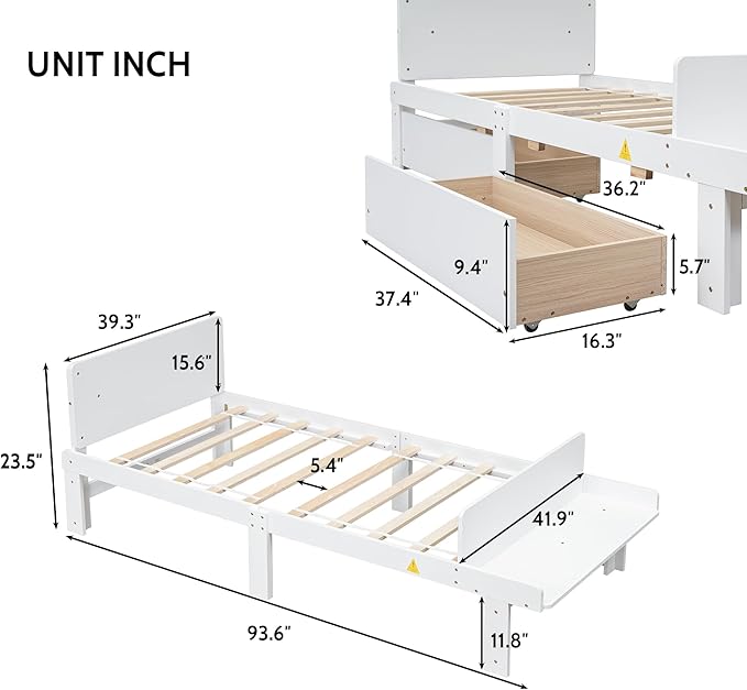 Twin Bed with 2 Drawers,Storage Platform Bed with Footboard Beach and Headboard,Pine Wood Twin Size Bed Frame High Stable for Kids,Boys,Girls,Teens, No Box Spring Needed,White - LeafyLoom