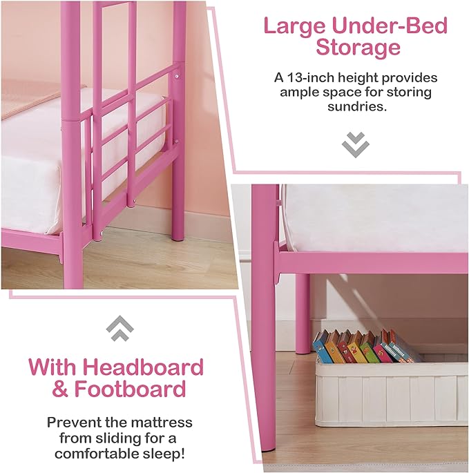 VECELO Metal Bunk Bed Twin Over Twin, Industrial Bunkbeds with Ladder and Full-Length Guardrail, Noise Free, No Boxing Spring Needed, Pink - LeafyLoom