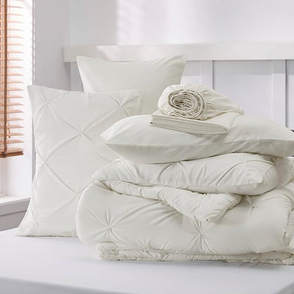 Bedsure Twin Comforter Set with Sheets - 5 Pieces Bedding Sets, Pinch Pleat Ivory Twin Bed in a Bag with Comforter, Sheets, Pillowcase & Sham - LeafyLoom