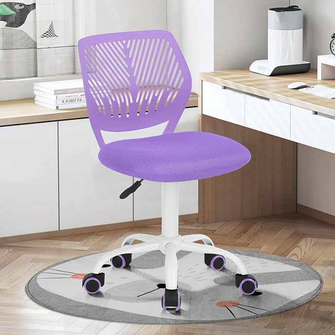 FurnitureR Desk Chair Small Study Chairs Armless for Child Kids Teens, Swivel Rolling Lightweight Mid Back Task Chair with Wheels and Mesh Padded Cushion, Purple - LeafyLoom