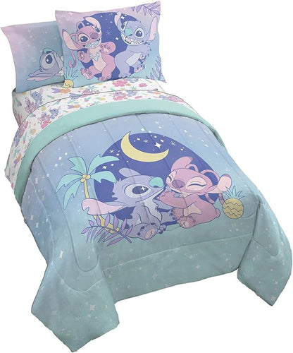 Disney Lilo and Stitch Twin Size Comforter Set - 5 Piece Floral Bedding includes Sheet Set & Pillow Covers Features Angel - Super Soft Purple & Teal Stars Kids Bedding - LeafyLoom