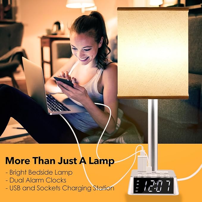 Table Lamp Bedside Lamp with 4 USB Ports and AC Power Outlets, Alarm Clock Base w/ 5Ft Extension Cord, Square Oatmeal Fabric Lampshade Modern Accent Nightstand Lamps for Bedrooms Living Room - LeafyLoom